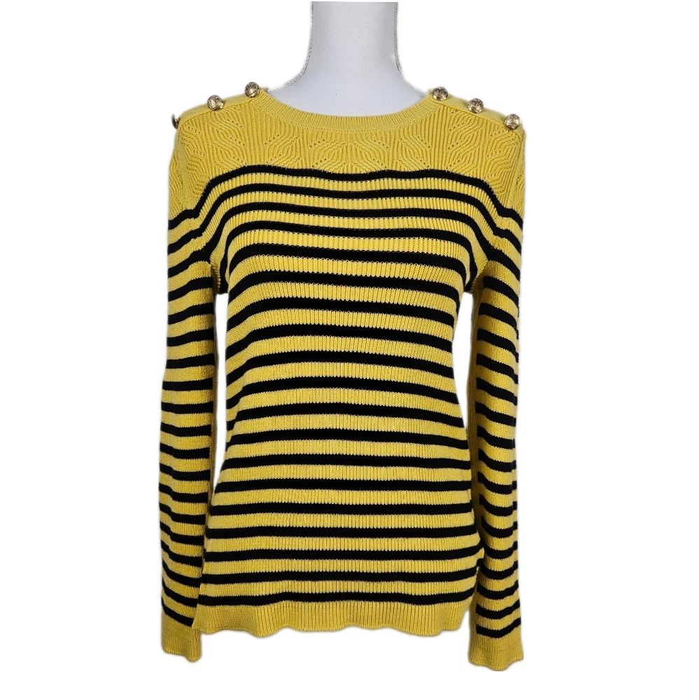 Talbots Womens Sweater Yellow Navy Blue Striped Nautical Gold Buttons Large